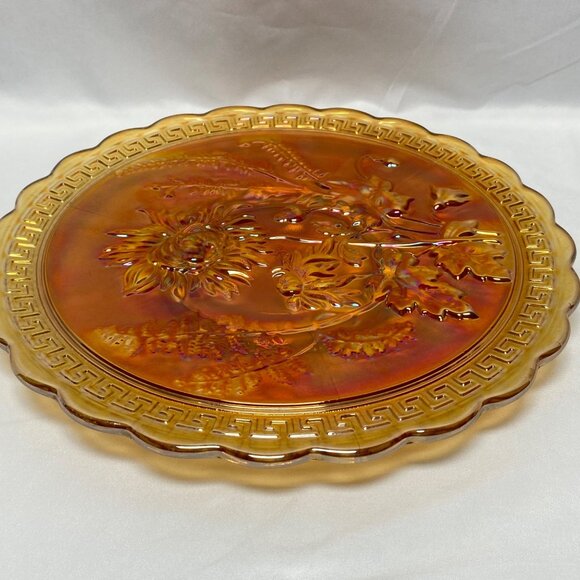 Imperial Carnival Glass Marigold Plate With Sunflower Design & Scalloped Edge - Picture 4 of 10